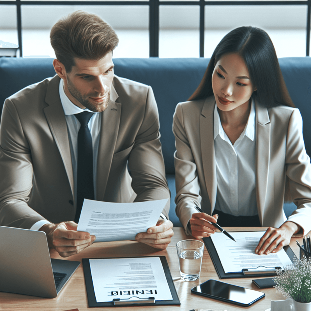 A Caucasian male professional and an Asian female professional engaged in a collaborative hiring discussion in a modern office setting, reviewing resu